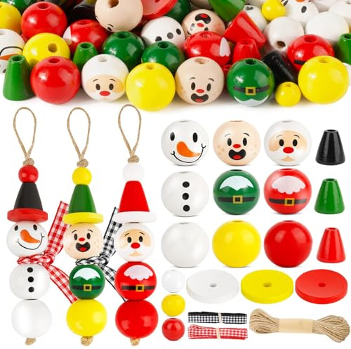BOFUNX 90pcs Kit di Decorazioni di Natale in Legno con Perline di Pupazzo di Neve, Artigianato Fai da Te per Bambini 3+ Anni