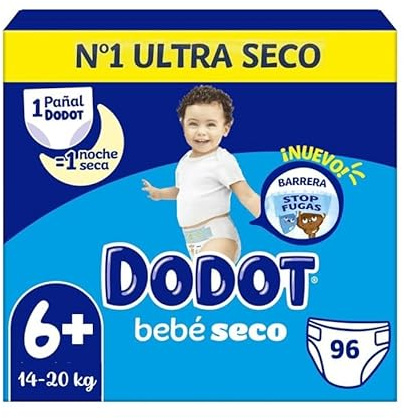 Dodot Pañales Bebé-Seco Talla 6+ (14-20 kg), Pack de 96 Unidades, Protección Antifugas, Triple Capa Absorbente, Hasta 12 Horas Seco