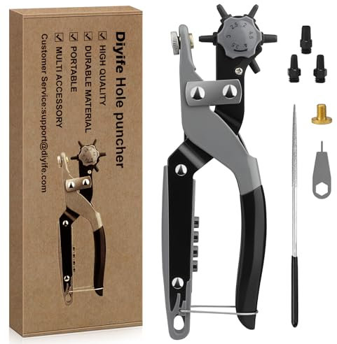 Diyife Upgraded Leather Hole Punch, Magnetic Belt Hole Puncher with Dual-Purpose Wrench, 3 Secondary precision Spare punching heads, 1 Spare Base, 6 Sizes Used for Bags Cards Handbags, Easy Punching