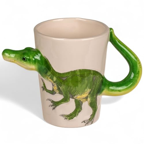 MIJOMA Dinosauriemugg – 3D-handtag bägare Velociraptor | av dolomit, ca 300 ml, keramisk mugg med dino-motiv, handmålad
