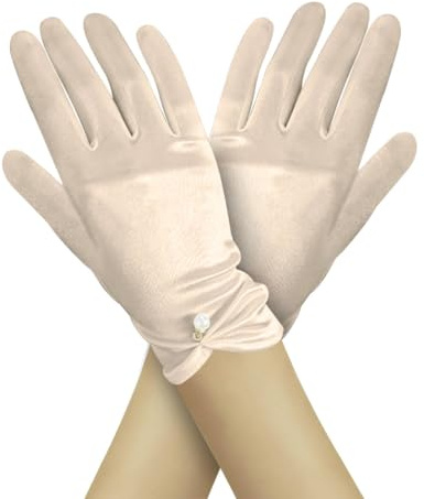 LuckyOpt Guantes de satén, guantes elásticos cortos de investigación de perlas, guantes de novia, guantes de perlas para boda