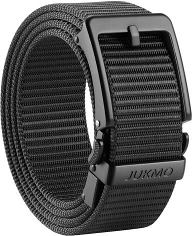 JUKMO Men's 1.5 Ratchet Belt - No Hole Adjustable Pin-Look Buckle for Jeans & Chinos | Trim-to-Fit Nylon Webbing Black M