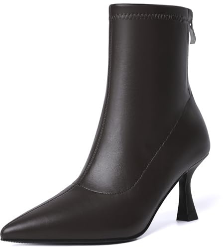 RIBONGZ Brown Ankle Boots for Women Kitten Heeled Booties Back Zipper Pointed Toe Dressy Fur Mid Calf Short Stiletto High Heel Fashion Leather PU Work Dress Shoes 12