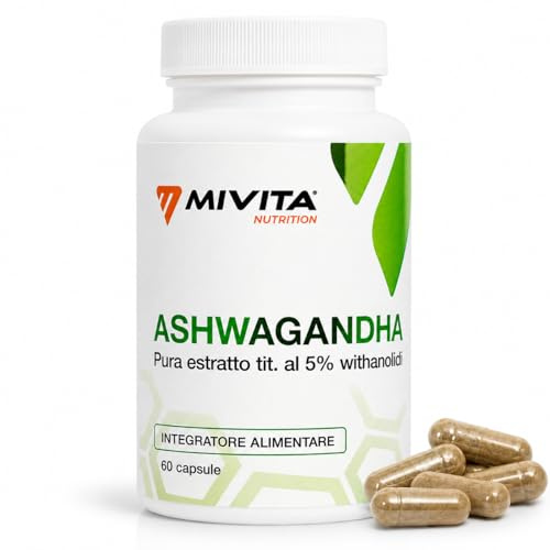 Mivita Ashwagandha Pura 600 mg - 60 Capsule Vegetali - Integratore Ashwagandha Vegana 25:1 5% Withanolidi - Supporto per Ansia e Stress, Cortisolo e Benessere