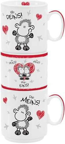 Sheepworld Stapeltassen-Set mit Spruch Ich Deins, Du Meins, Wir Eins | Geschenkset aus 2 Prozellantassen und 1 Kerzenhalter inkl. Teelicht | 45185