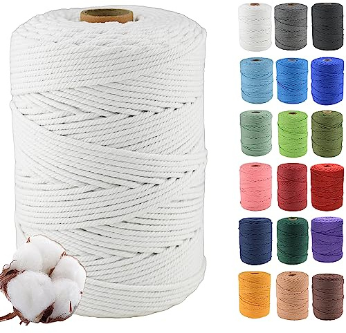 3 mm x 500 m Cordon en Coton macramé Doux, 4 brins torsadés Coton Naturel pour accrochage Mural, Bricolage, Artisanat, Tricot, accroche-Plantes, projets de décoration, Blanc
