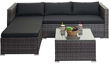 Mendler Poly-Rattan Garnitur HWC-F57, Balkon-/Garten-/Lounge-Set Sofa Sitzgruppe - grau, Kissen dunkelgrau ohne Deko-Kissen