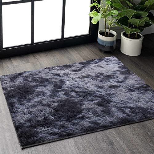 GISIONLARI Hochflor Teppich Wohnzimmer Shaggy Modern Teppich Schlafzimmer Flauschig Weich Teppiche für Schlafzimme Kinderzimmer (Schwarz grau, 60 x 110 cm)