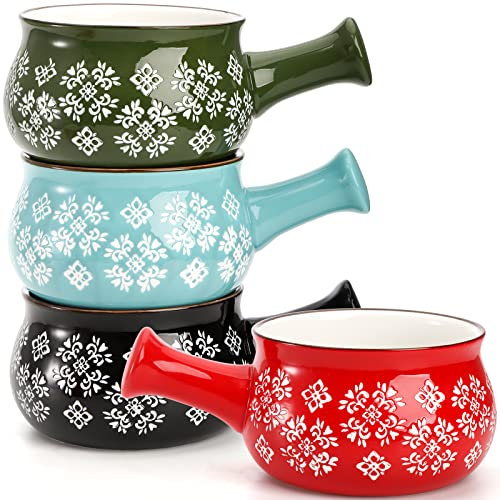 SOUJOY Lot de 4 bols à soupe à l'oignon français avec poignées, bol à soupe en porcelaine de 650 ml, pot à soupe pour céréales, piment, ragoût de bœuf, flocons d'avoine, micro-ondes et four
