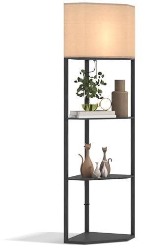 HOMCOM Corner Floor Lamp with Shelves, Modern Tall Standing Lamp with Chain Switch for Living Room, Bedroom, Bulb Not Included, Black