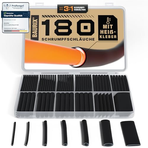 BAURIX® Set di Guaina Termorestringente 180 Pezzi - Rapporto di restringimento 3:1 - Tubo Termorestringente per Cavi Elettrici con strato interno colla a caldo - Impermeabile IP67 - Lunghezza 88 mm