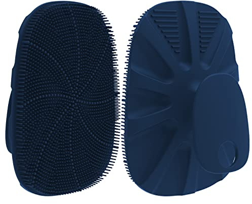 HieerBus Brosse pour le corps en silicone, Pour la douche et le bain, nettoyer et exfolier les peaux sensibles des femmes, hommes, bébés - Poignée antidérapante, bien moussante, 1 paquet, bleu foncé