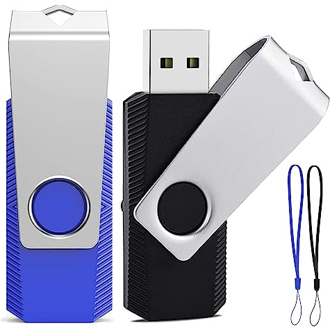 Cle USB 64 Go, ABLAZE Clé USB 2.0 Stockage Lot de 2 Clef USB 64go Pivotantes Disque Mémoire Stick avec 2 Cordes (Noir Bleu,2pcs*64GB)