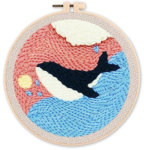 Figured'Art Punch Needle Kit Complet pour Adultes et Enfants - Jolie Baleine Bleue - Parfait pour Débutant. Set prêt à broder taille 20x20cm avec cadre circulaire