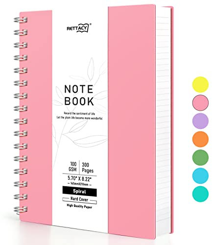 RETTACY A5 Notizblock, Notizbuch, Spiralgebundene Notizbücher, 150 Blatt/300 Seiten zum Schreiben, 100 g/m² College-liniertes Papier, PVC-Hardcover, 14,5 x 21 cm – Rosa