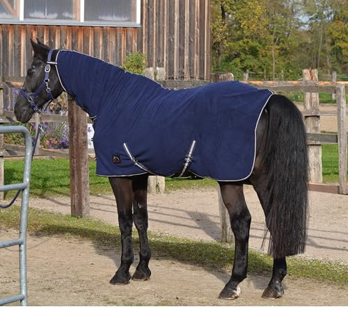 AMKA Abschwitzdecke Pferde Fleecedecke mit Halsteil Kreuzgurten blau 135-165 cm