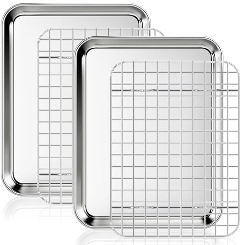 Fire More Teglia da forno con griglia di raffreddamento, 2 teglie in acciaio inox e 2 griglie per forno, teglia rettangolare 26,5 x 20,5 x 2,5 cm per cuocere e servire