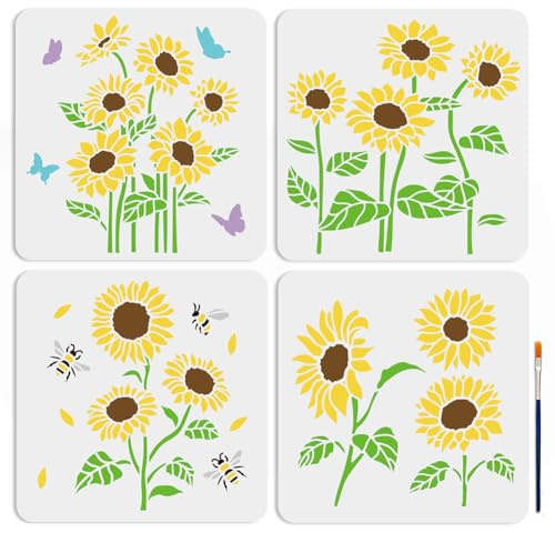 MAYJOYDIY 4pcs Sunflower Butterfly Bee Stencil 30×30cm Reusable Floral Sun Flower Stencils with Paint Brush for Painting on Wood Rock Wall Furniture Home Decor DIY Crafts