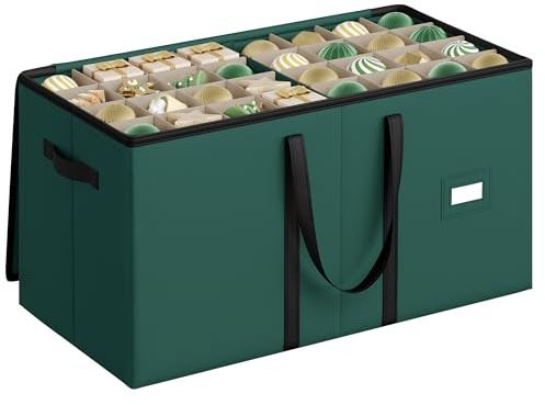 SONGMICS Contenitore per Palline di Natale, 128 Scomparti da 7,6 cm, Scatola Impilabile Decorazioni Natalizie con Coperchio, Doppia Cerniera Lampo, Divisori Regolabili, Verde Foresta RFB039C01