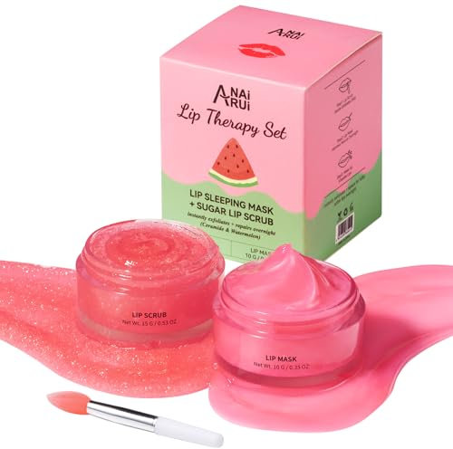 ANAiRUi Lippenbalsam und Lippenpeeling-Set, Ceramide & Wassermelone Lippenschlafmaske und Lippenpeeling Zuckerpeeling, Lippenpflege-Geschenkset für trockene, rissige und schälende Lippen