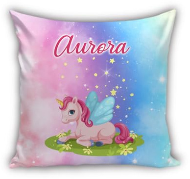 MOCHEIA SHOP Cuscino Unicorno Personalizzabile con Nome Idea Regalo Unicorni Bambini Bambina misura 40x40 centimetri realizzato in ottimo poliestere con chiusura lampo