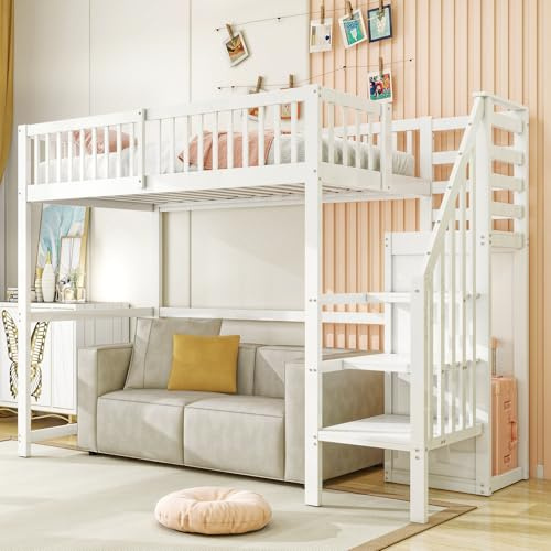 Cama Alta Juvenil 90x200 cm en Madera de Pino Blanca, Escala Integrada Ahorra Espacio, Armario, Barandilla de Seguridad y Somier, para Niños y Adolescentes