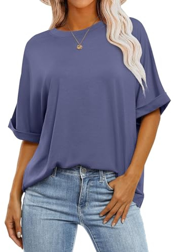 Cuptacc Tee Shirt Femme Été Oversize Tunique Col Rond Manches Courtes | Manches retroussées, Coupe ample, Quotidien décontracté, Vacances et maison, Léger et confortable