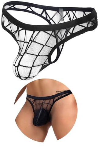 ohyeahlady Tanga Hombre de Encaje Talla Grande Bañador Calzoncillos Tipo Slip Malla Transpirables G-String de Cintura Baja Bikini Mini Slips Braguitas Suaves Lencería Underwear Fishnet Negro,M