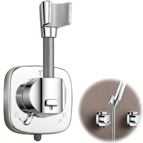DmDoyy Support Pommeau De Douche, Support Douche Ventouse, Rotatif À 360° Avec Ventouse, Universel Avec Crochet, Chromé, Argent(Socle À Ventouse)