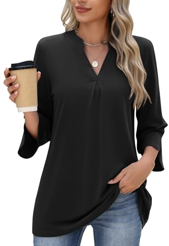 PASUDA Chemisier Femme Chic et Élégant Manches Chemise 3/4 Longues Col V Blouse Décontracté Tunique Tops Rayures Unie Fluide Ample Hauts Casual Long Shirts(Noir,L)