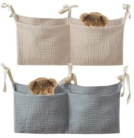Yuwnd 2 Stück Babybett Organizer, Hängend Organizer Babybett, Kinderzimmer Verstellbarer Baby Bett Zubehör, Bett Kinderbett für Windeln Kleidung Spielzeug (Bohnengrün+Khaki)