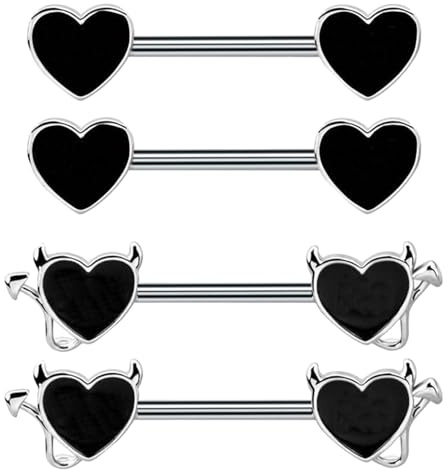 UJBVCX TYXHXTF 4 Piezas Barbell Piercing Pezón Acero Inoxidable, Forma de Corazón Diablo Piercing Oreja Acero Piercing para Mujer（Negro）