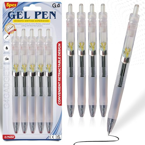 G4GADGET Gelpennor 0,7 mm svart bläck – förpackning med 5 – smidig skrivning, indragbar, snabbtorkande, inget utlopp ingen blödning pennor för kontor, skola, journalföring och daglig användning