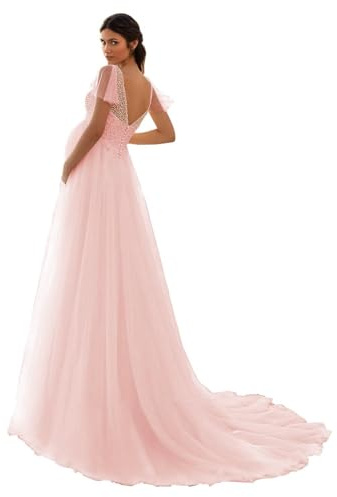 HAIBFJIN Vestido de maternidad de tul, cuello en V, vestido de novia para embarazadas, vestidos de maternidad para baby shower, sesión de fotos, Rosa., 50