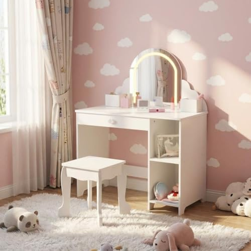 Aptliton Children's Lighted Dressing Table Set with LED Mirror,2 in 1 Little Girls Vanity Table & Stool,Makeup Desk with Drawers and Open Shelves,Kids Vanity and Study Desk for Bedroom Playroom,White