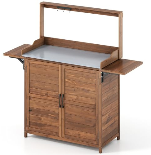 TANGZON Wooden Garden Shed, Potting Bench Table with Galvanized Top & Removable Shelves, 3 Hanging Hooks, Outdoor Tool Storage Cabinet Planting Workstation (with 2 Folding Side Tables, 138x47x128cm)