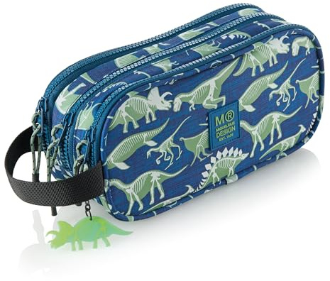Miquelrius - Estuche Escolar Triple con Asa, Portatodo Reciclado con 3 Compartimentos, Cremalleras, Tiradores de Cuerda, Llavero Dino, Brilla Oscuridad, Vuelta al Cole, 21 x 6 x 10,5 cm, Fossil
