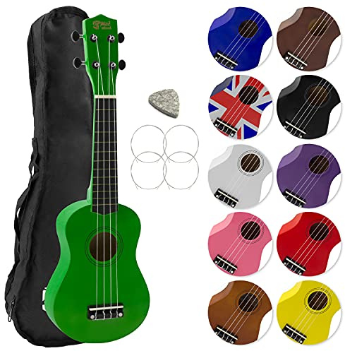 Mad About SU8-GR Ukulele soprano con borsa da concerto GRATIS, plettro e corde di ricambio - Ottimo per scuole e principianti, ora dotato di corde in fluoro-carbonio nere - Verde