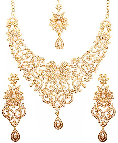 Touchstone Set di collana di gioielli da sposa firmati da bollywood indiano, dall'aspetto reale tradizionale, intagliati a filigrana e perle finte per donna Gold-1