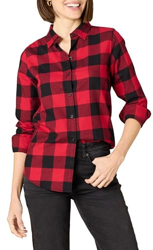 Amazon Essentials Damen Regular-Fit Leichtes Kariertes Langarm-Flanellhemd, Rot Buffalo Karos, S