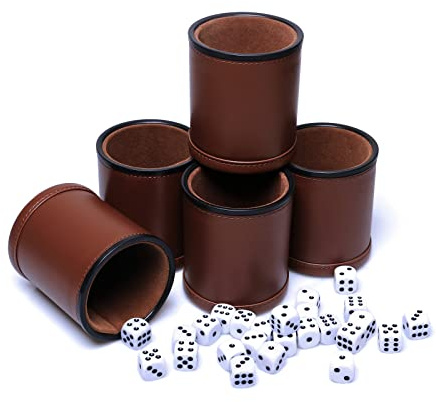 5 Pack PU Leather Dice Cups Felt Lining Quiet Shaker with 30 Dot Dice for Bar Party Yahtzee Farkle Dice Games