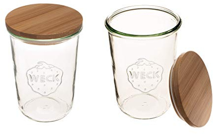 WECK Canning Jars 743-25.3 fl. oz Mold Jars - Eco-Friendly Canning Jar - Storage for Food, Yogurt with Air Tight Seal and Lid - 3/4 Liter Tall Jars Set - Set of (2 Jars with Wooden Lids)