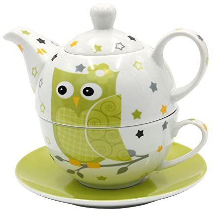 Dekohelden24 Porzellan Teekannen-Set/Tea for one mit Eule in weiß/grün, 3-teilig, L/B/H 16 x 14 x 10 cm, Fassungsvermögen Kanne - Tasse 400-200 ml