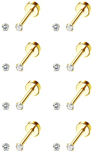 MILACOLATO 8 Pare Pendientes con Parte Trasera Plana Mujeres Hombres Acero Inoxidable Hipoalergénicos Chapados en Oro 18 Quilates Hélice Cartílago Pendiente Rosca con Circonita Cúbica Oro 2mm