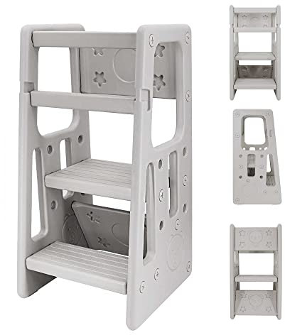 Kinder Tritthocker Lernturm mit Verstellbarer Höhe und Sicherheitsschiene, höhenverstellbarer Stehturm Lernturm für Kinder Baby, Küchenhelfer Badezimmerhelfer, Grau