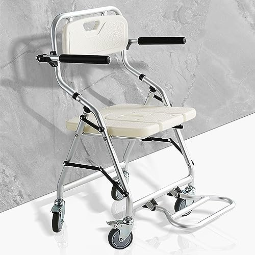 VFDZ Duschstuhl mit Rollen für Senioren, Duschstuhl Klappbar mit Armlehnen, Toilettenstuhl für Senioren 150 kg, Vier Räder mit Bremsen + Verstaubare Pedale