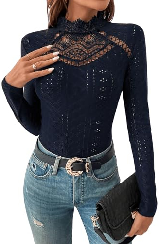 GORGLITTER Dam bodysuit elegant bodies ståkrage ögla broderi bodys långärmad body med spetsinsats, Kungsblå, S