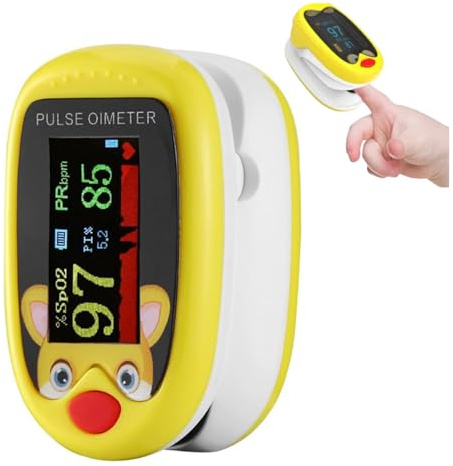 Oxímetro pediátrico. Pulsómetro profesional Medidor-saturador oxígeno en sangre con pantalla LED. Control de Frecuencia Cardíaca y nivel del de oxígeno de tu bebe. (AMARILLO)