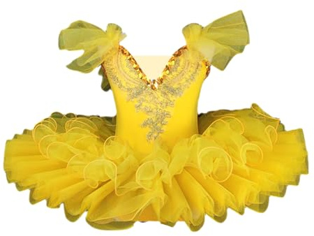 HWBZSZY Professionale Balletto Tutù Vestito Bambini Colorato Lago dei Cigni Ballerina Partito Danza Costume Lucido Paillettes Ginnastica Danza Body Sala da ballo Dancewear per le ragazze,Giallo,140cm