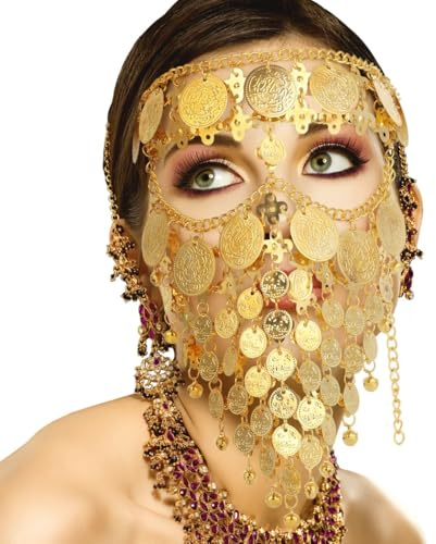 Lyxiga och eleganta guldsmycken slöja ansikte kedja mask för dans, karneval, halloween fest cosplay tillbehör, dam magdans smycken mynt slöja, justerbar passform, gyllene, en storlek, GYLLENE, One
